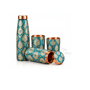 Ensemble de bouteilles d'eau en cuivre avec motif floral rouge, design original, couvercles inclus - Vaisselle portable pour les voyages - Product Image 3
