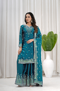 Fendy Silk Sequins Heavy Embroidered Tunic Top With Micro Cotton Lined Elastic Sharara Pants And Dupatta <b>3</b> <b>Piece</b> Set UV 157 - Product Image 1