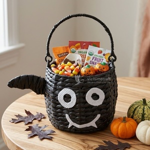 Woven Bat Halloween Trick-or-Treat Candy Basket, <b>Black</b> Water Hyacinth Bucket with Handle & <b>Wing</b> Accent for Spooky Holiday - Product Image 5