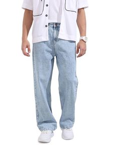 Jean en denim pour homme, 100% coton tissé, écologique, bleu clair, coupe ample, jambe large, décontracté, taille mi-haute, délavé, uni - Product Image 1