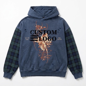 เสื้อท็อปสตรีทแวร์สไตล์เรโทรกรันจ์ ลายสก็อตแบบแพทช์เวิร์คตัดต่อสีสันสดใส แต่งลายผีเสื้อ ขาดๆ แบบวินเทจ  ไซส์พลัส  ทันสมัย  ผ้าฟลานเนล - Product Image 2
