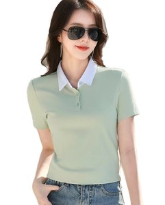 Camiseta Polo de Algodón Nueva de Verano, Cuello Polo de Color Sólido, Manga Corta, Cintura Alta, Estilo Corto, Corte Ajustado, Moda Casual para Mujer - Product Image 3