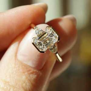 Lab Grown 2.02CT Emerald Cut Diamond Three Stone <b>Ring</b> for Women's 14K Solid Gold Fine Wedding Surprise Gift for Girlfriend - Product Image 4