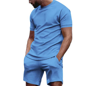 Ensemble T-shirt col rond en coton beige pour homme, motif imprimé numérique tissé, style urbain décontracté, short d'été respirant - Product Image 3