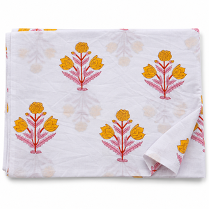 Tissu en voile de coton peigné tissé léger imprimé à la main Pinksa Fashion, motif feuillage jaune et bleu, 90 GSM 60S60S - Product Image 1