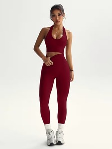 Seamless Two Piece Gym Outfit Plunging Halter Crop Top Bra with Tummy Control Silhouette Sculpting <b>Booty</b> Lifting <b>Leggings</b> - Product Image 5