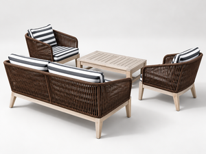 Juego de Sofás de Jardín de 4 Piezas, Muebles de Jardín Modernos con Estructura de Madera y Ratán PE, con Cojines Impermeables a Rayas - Product Image 6