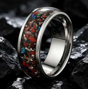 Bague en carbure de tungstène avec incrustation d'os de dinosaure, de météorite et de pierre bleue, alliance biseautée pour homme, bijoux galaxie en gros - Product Image 2
