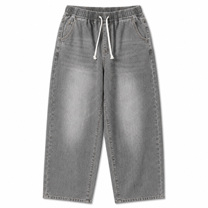 Men's Vintage Washed Drawstring Denim <b>Jeans</b> Loose Straight Leg Wide Leg Casual Cotton Trousers <b>Elastic</b> <b>Waist</b> Quick Dry - Product Image 3