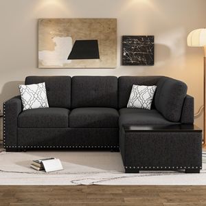 Divano letto componibile a L da 213 cm con porta USB, prese di corrente, portabicchieri e chaise longue contenitore - Livi - Product Image 1