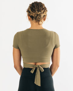 Women Olive <b>Green</b> Asymmetric <b>Crop</b> <b>Top</b> Short Sleeve Scoop Neck Knitted Sporty Fit Yoga <b>Top</b> - Product Image 2