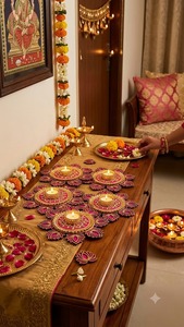 Support de bougie chauffe-plat en métal fait main, motif lotus découpé, écologique, décoration indienne Diwali pour la maison, tapis Rangoli brodé Gota Patti - Product Image 2