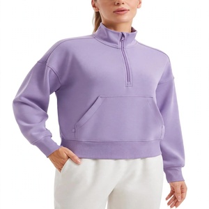 Women Half Zip Regular Knitted 100% Cotton Quick Dry Breathable Lined Long Sleeve Pullover Casual Athletic Running Track <b>Jacket</b> - Product Image 1