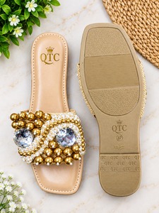 Beach Slide <b>Sandals</b> for Women Open Toe Flat Breathable Waterproof Casual Pearl Stone Decor Jute Upper <b>Comfortable</b> Holiday Shoes - Product Image 3