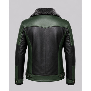 Veste de moto en cuir véritable pour homme, couleur verte et noire, avec doublure en fausse fourrure, fermeture éclair, style motard d'hiver - Product Image 4