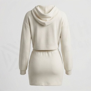 <b>Women's</b> 2 Piece Knitted Hoodie <b>Set</b> Cream Solid Color Casual Above Knee Skirt and Cropped Top Full Sleeve Regular Fit All Seasons - Product Image 2