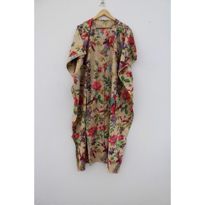 Bata de mujer con estampado floral, informal, para verano, cuello en V, manga corta, 100% algodón, cierre con cordón, transpirable, estilo bohemio, para playa - Product Image 1