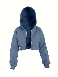 Women <b>Cropped</b> Hoodie Sweatshirt Solid Color <b>Zip</b>-<b>Up</b> Full Sleeve Knitted Cotton Autumn Wear Hooded Casual Style - Product Image 1