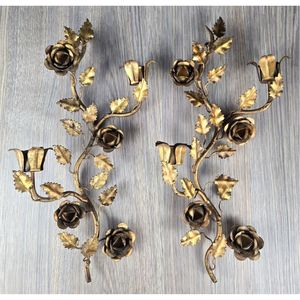 Applique Murale Luxe en Métal Doré Antique, Support de Bougie Rose Vintage, Chandelier Floral en Fer Forgé pour Décoration Maison, Mariage, Événements - Product Image 1