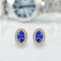 Prix d'usine Boucles d'oreilles clous ovales 5x3mm en tanzanite avec halo en or massif 14 carats et diamants, fermeture à bouton-poussoir, fournisseur en gros