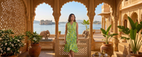 Robe Angrakha à imprimé floral vert, écologique, sans manches, col en V, bretelles, volants superposés, coton, faite à la main, style bohème