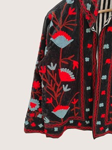 Veste vintage en velours noir brodée de fleurs, col mandarin, manches longues, vêtements décontractés pour femmes, vêtements d'hiver - Product Image 4