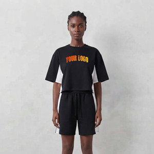 Summer Casual wear 100% Cotton women short <b>set</b> custom Embroidery Logo 2 tone streetwear comfortable hip hop ladies 2 piece <b>set</b> - Product Image 4
