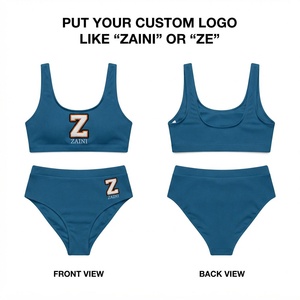Women Ribbed <b>Bikini</b> <b>Set</b> Premium Nylon Spandex 240 GSM Stretch Knit Swimwear Solid Teal <b>Blue</b> Custom Embroidered Logo Two Piece - Product Image 1
