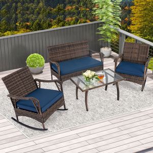 Ensemble de chaises à bascule en osier relaxantes, 4 pièces avec coussins, structure en rotin et table basse en verre, parfait pour la terrasse et le jardin - Product Image 3