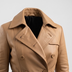 <b>Women</b> Tan Color Genuine <b>Leather</b> <b>Long</b> Coat belted Waist Button Closure sample & Customization Available - Product Image 1