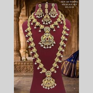 Parure de bijoux traditionnelle américaine plaquée or avec diamants, collier double couche, boucles d'oreilles et Maang Tikka assortis, pour mariée indienne, fiançailles, femme - Product Image 1