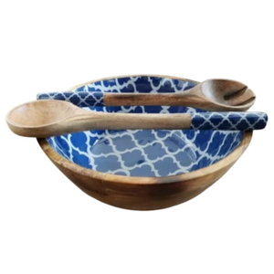 Bol à salade de luxe en bois de manguier artisanal avec revêtement en émail marbré et cuillères de service en bois assorties, grand bol de service rond - Product Image 3