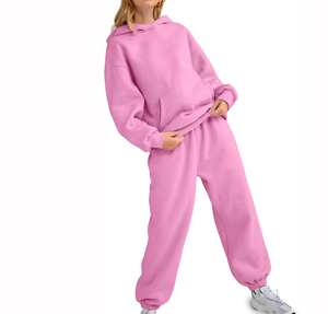 Ensemble de survêtement décontracté 2 pièces pour femme en polyester/coton anti-boulochage, avec sweat à capuche et pantalon de jogging en molleton uni, coupe ample - Product Image 1