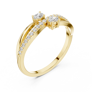 Bague en or jaune avec diamant de laboratoire pour femme |   Bague de Fiançailles et de Mariage Double Solitaire Croisée Pavée, Cadeau Idéal - Product Image 1