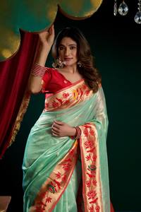 Sari de Seda Paithani Hermoso al por Mayor para Fiestas y Bodas con Tejido de Diseño, el Sari Más Vendido con Blusa Cosida - Product Image 2