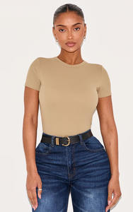 Women's <b>Khaki</b> Slim Fit Breathable Crop <b>Top</b> Short Sleeve Gym Workout Casual Wear Spandex/Polyester - Product Image 5