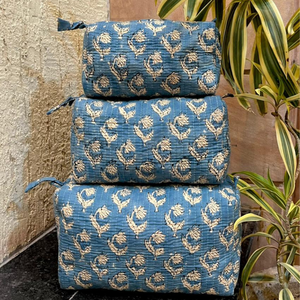 Jaipur Artisan Hand Block Printed Quilted Cotton <b>Toiletry</b> Pouch Set Waterproof Zip Closure Travel Cosmetic Organizer For Women - Product Image 3