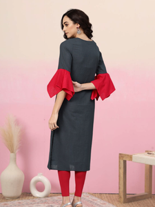 Kurta Droite en Coton Slub avec Broderie Miroir, Couleur Gris Bleuâtre, Vêtement Ethnique Traditionnel Décontracté pour Fêtes, Tenue de Bureau Quotidienne pour Femme - Product Image 5