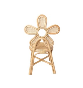 Tabouret de bar en rotin naturel avec dossier floral, assise ronde tressée, dossier décoratif floral et structure robuste à pieds croisés pour chambre d'enfant - Product Image 2