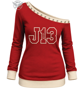 New DST Women's Red Asymmetric <b>Off</b>-<b>Shoulder</b> Sweatshirt <b>Long</b> <b>Sleeve</b> Knitted J13 Letter Print Casual <b>Top</b> - Product Image 1