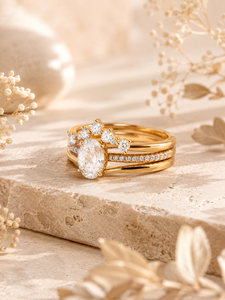 Custom 18k Gold Oval Moissanite Wedding <b>Ring</b> Set for Women - Dainty <b>Stacking</b> <b>Rings</b> with Cluster Band - Product Image 2