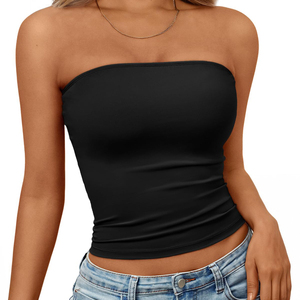 Women's <b>Black</b> <b>Strapless</b> Knitted Tank <b>Top</b> Solid Color Casual Breathable Short Length Ruched Design - Product Image 3