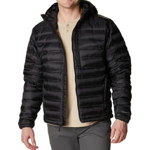 Blouson matelassé noir à capuche pour homme, col montant, fermeture éclair frontale, coupe-vent, décontracté, hiver, rembourré de duvet, coupe ajustée, longueur standard - Product Image 1