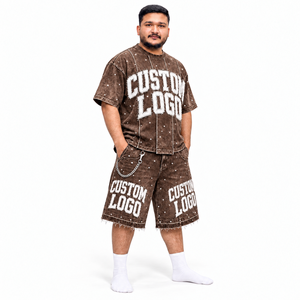 Custom Brown Rhinestone <b>Shorts</b> <b>and</b> <b>T</b> <b>Shirt</b> Set <b>Men</b> Oversized Boxy Streetwear Two Piece Distressed Raw Hem Private Label OEM - Product Image 2