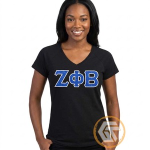 Vente en gros GREEK TREASURES T-shirts décontractés en jersey pour femmes, à col en V, manches courtes, motif uni, brodés Zeta Phi Beta, pour sororité - Product Image 2