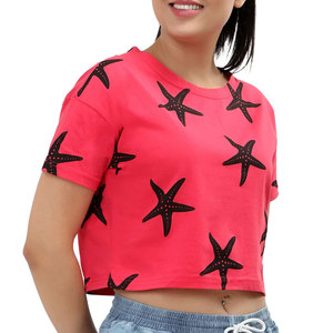 Women's Pink Starfish Print Crop Top O-Neck Short Sleeve Casual T-<b>Shirt</b> 100% Cotton Jersey Breathable Regular Fit 220g Spring - Product Image 5