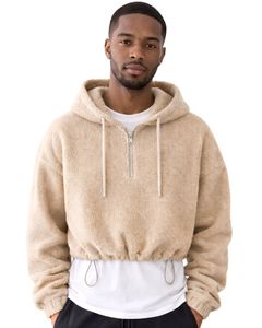 Sudadera con capucha corta de forro polar texturizado beige personalizada, con cremallera de cuarto, dobladillo con cordón ajustable, estilo casual urbano, cálida, con logotipo personalizado - Product Image 1