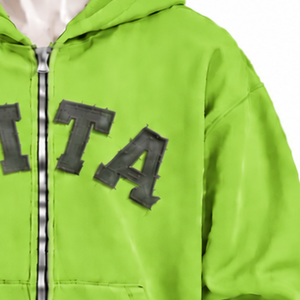 Sudadera con capucha verde lima para hombre, con cremallera, apliques de letras en chenilla, forro polar grueso, corte holgado, estilo casual urbano, con bolsillo frontal. - Product Image 5