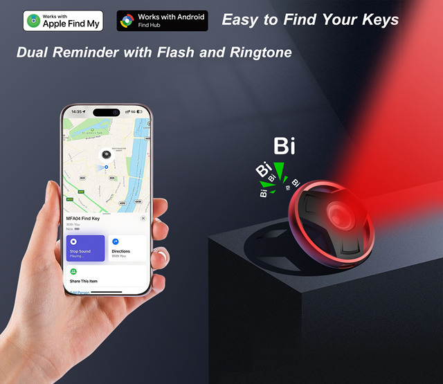 Key Tag Find My Built-In tracker with Flashlight and Ringstone USB C Rechargeable Battery Flashfinder Key Locator