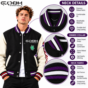 Chaqueta Varsity para hombre en negro y bloques de color con logo bordado, botones a presión, estilo Letterman, chaqueta bomber de béisbol para hombre. - Product Image 3